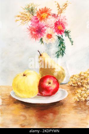 Stillleben mit Früchten und Blumen. Weiches Pastell auf Papier. Stockfoto