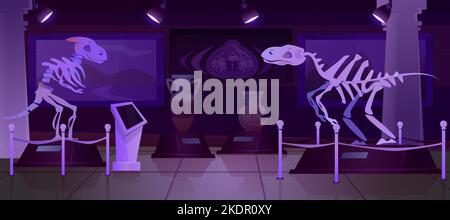 Cartoon Night Paläontologie Museum mit Dinosaurier-Skelett, alte Artefakte. Dunkler Ausstellungsraum mit Exponaten archäologischer prähistorischer Tiere. Archäologische Tyrannosaurus rex Fossilien auf Sockel. Stock Vektor