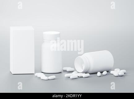 Medizin-Plastikglas mit Kapseln und weißen Box schwimmend auf grauem Hintergrund 3D Rendermockup Stockfoto