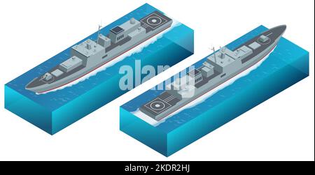 Isometrisches Schlachtschiff für das Militär. Militärmarine Schiff isoliert auf weißem Hintergrund Stock Vektor