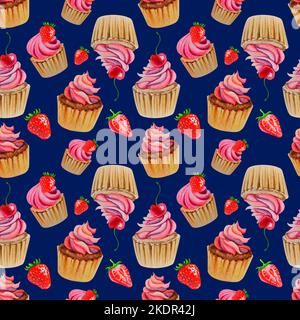 Ein Muster aus Cupcakes und Erdbeeren auf blauem Hintergrund. Aquarelldarstellung. Pie. Ein entzückendes Muster Stockfoto