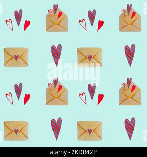 Ein Muster aus Umschlägen und Herzen auf blauem Hintergrund. Aquarell-Illustration zum Valentinstag. Eine Liebesbotschaft. Valentinskarte Stockfoto
