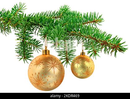 Goldene Weihnachtsdekoration Ball hängen in grünen Weihnachtsbaum Zweig Stockfoto