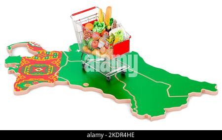 Kaufkraft in Turkmenistan Konzept. Warenkorb mit turkmenischer Karte, 3D Rendering isoliert auf weißem Hintergrund Stockfoto