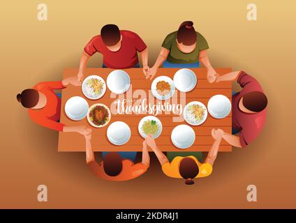 Top-Winkel-Ansicht der serviert Thanksgiving türkei Gericht freundliche Familie mit Mittagessen. vektor-Illustration Design Stock Vektor