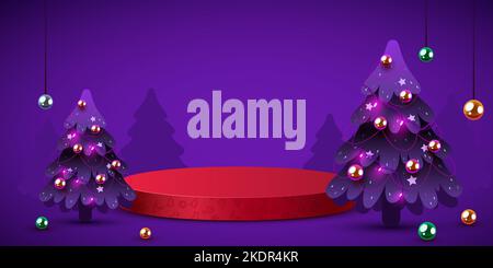 Szene nachmachen. Podium für Kosmetik- und Produktdisplays. Bühnenpodest oder Plattform. Winter Weihnachten Hintergrund mit Weihnachtsbaum. Vektorgrafik Stock Vektor