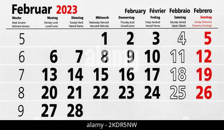 Deutscher Kalender 2023. Februar und Montag Dienstag Mittwoch Donnerstag Freitag Samstag Sonntag Stockfoto