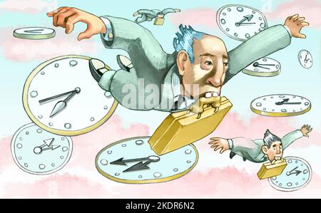 Die Mitarbeiter fliegen am Himmel zwischen Uhren, dem Konzept von Stress am Arbeitsplatz und der Depersonalisierung der Mitarbeiter Stockfoto