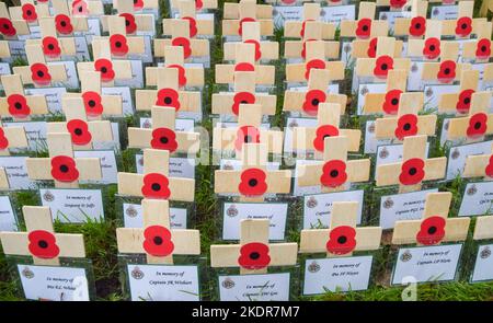 London, Großbritannien. 8.. November 2022. Freiwillige haben vor dem Remembrance Day begonnen, Kreuze mit Mohnblumen auf dem Feld der Erinnerung vor der Westminster Abbey zu Pflanzen. Am 11.. November ehrt der Gedenktag Angehörige der Streitkräfte, die seit Beginn des Weltkriegs 1 in Kriegen und Konflikten ums Leben gekommen sind. Kredit: Vuk Valcic/Alamy Live Nachrichten Stockfoto