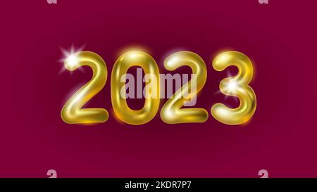 2023 Neujahr 3D Metall goldene Textur. Leuchtende Form gelbe Ballon Zahl Abbildung. Feier Dekoration Gold Poster Grußkarte Vektor Stock Vektor