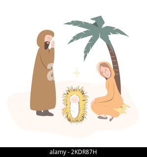 Christenkrippe. Jungfrau Maria, Jesus Christus und Joseph. Frohe Weihnachten Grußkarte. Krippe Szene mit neugeborenem Jesus Stock Vektor