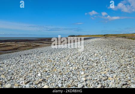 Aberthaw Beach alias Limpert Bay im Aberthaw-Viertel von Glamorgan South Wales mit Kalksteinkieseln und Panzerabwehrblöcken im September Stockfoto