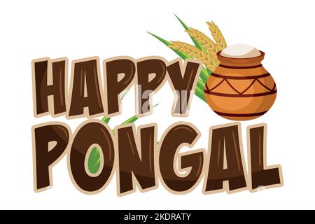 Cartoon-Schriftzug des glücklichen Pongal Erntefestivals in Indien, Tontopf mit Lebensmitteln, Weizen und Zuckerrohrblättern Stock Vektor