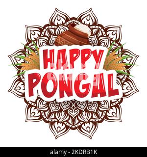 Happy Pongal Cartoon-Stil Text für Erntefest Feier mit traditionellen Tontopf, Zuckerrohrblätter und Weizen, mit Mandala in der Backgroun Stock Vektor