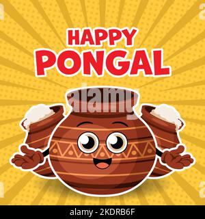 Happy Pongal Cartoon-Stil Karte für Ernte-Festival Feier mit fröhlichen traditionellen Tontopf Cartoon-Figuren Stock Vektor