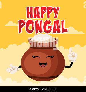 Fröhliche traditionelle Tontopf Cartoon-Charakter für Happy Pongal Ernte Festival Feier Karte mit Cartoon Himmel Hintergrund Stock Vektor
