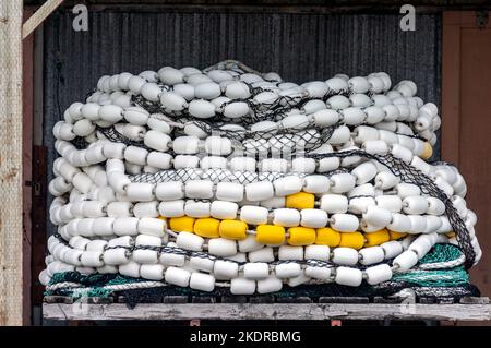 Trawler Fischernetz und schwimmt auf Holzpalette gelagert Stockfoto