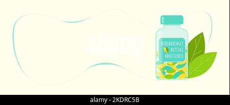 Banner biologisch aktive Zusätze BAA Nahrungsergänzungsmittel, Flaschen-Vitamine, antioxidative Tabletten, Gesundheit Kapseln. Vektorgrafik Stock Vektor