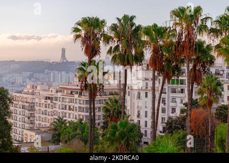 Das Martyr's Memorial National Monument of Algier von der Ave du Docteur Frantz Fanon, El Djazair aus gesehen. Palmen und Gebäude in blauen Stundenlichtern. Stockfoto