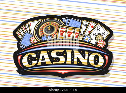 Vektor-Logo für Casino, dunkles Schild für Glücksspiel mit Darstellung des europäischen Roulette-Rad, bunte Casino-Münzen, Poker vier von einer Art, blau g Stock Vektor