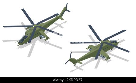 Isometrisches Mil Mi-24 großes Hubschrauber-Kanonenschiff, Angriffshubschrauber und Truppentransport mit geringer Kapazität. Hubschrauber mit Transportmöglichkeiten angreifen Stock Vektor