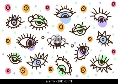 Doodle Eyes Hintergrund, handgezeichnete Satz von niedlichen Doodles zur Dekoration auf weißem Hintergrund Stock Vektor