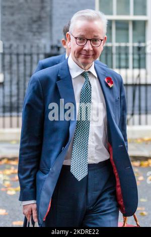 Downing Street, London, Großbritannien. 8.. November 2022. Der Abgeordnete Michael Gove, Staatssekretär für die Aufheitung, Wohnungsbau und Gemeinschaften und Minister für zwischenstaatliche Beziehungen, nimmt an der wöchentlichen Kabinettssitzung in der Downing Street 10 Teil. Foto von Amanda Rose/Alamy Live News Stockfoto