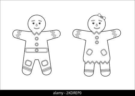 Lebkuchen Mann und Frau Malbuch Seite für Weihnachten. Kinder Aktivitätsblatt für Winterurlaub. vektor-Illustration. Stock Vektor