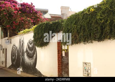 Ein Wandbild von zwei Schnecken an einer Wand in der Altstadt von Lagos, Algarve, Portugal Stockfoto