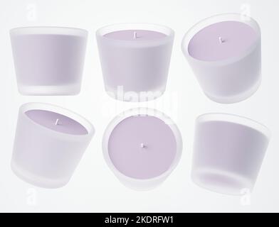 Glasbehälter Kerze Mock-up 3D Render, Lavendel duftende lila Kerze Design bereit Vorlage Stockfoto