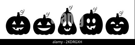 Halloween Kürbisse Jack O Laternen mit verschiedenen Gesichtern Ikonen Sammlung. Vektorgrafik Stock Vektor
