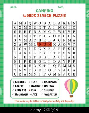 Wortsuche Spiel Camping Wortsuche Puzzle Arbeitsblatt zum Lernen von englisch. Stock Vektor