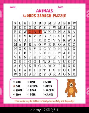 Wortsuche Spiel Tiere Wortsuche Puzzle Arbeitsblatt zum Lernen von englisch. Stock Vektor