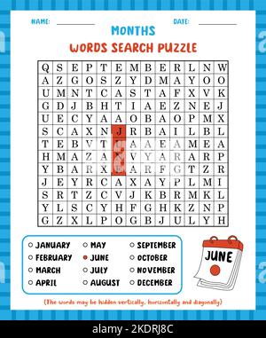 Wortsuche Spiel Monate Wortsuche Puzzle Arbeitsblatt zum Lernen von englisch. Stock Vektor