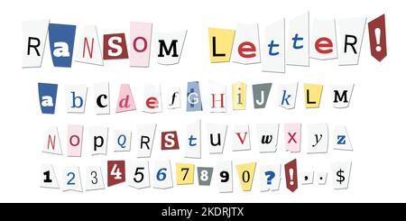 Anonyme Lösegeldforderung Zeitung schneiden Briefe. Kriminelle Erpressung Buchstaben Alphabet Vektor gesetzt. Stock Vektor