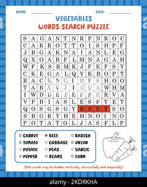 Wortsuche Spiel Gemüse Wortsuche Puzzle Arbeitsblatt zum Lernen von englisch. Stock Vektor
