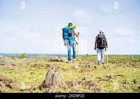 Rückansicht Tracking-Aufnahme von Wanderern mittleren Alters, die sich nach dem Erreichen des Ziels auf dem Berg umsehen - Konzept der Leistung, Trekking und Stockfoto