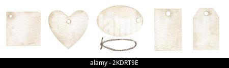 Set von Vintage Aquarell Tags Blumenstrauß mit Jute Seil. Handgezeichnete Illustration für Geschenke oder Scrapbooking. Vorlage für Etikett mit Platz für Text. Zeichnung auf isoliertem Hintergrund. Retro-Style. Stockfoto