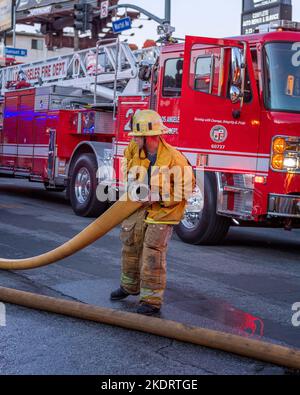 Los Angeles, CA, USA – 3. November 2022: Feuerwehrleute der Feuerwehr von Los Angeles haben einen Hausbrand in der Martel-Straße in Los Angeles, CA, ausgelöst. Stockfoto