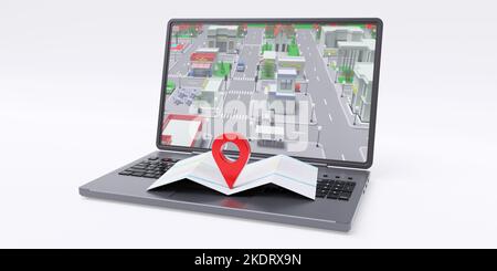 Navigationsanwendung. Computer Laptop isoliert auf weiß. PIN-Symbol auf der Karte mit GPS-Position. Stadt auf dem Gerätebildschirm. 3D Rendern Stockfoto