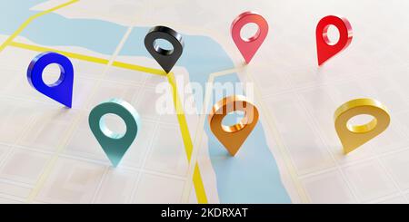 Bunte Positionsnadelsymbole auf einem Kartenhintergrund, GPS-Navigationszeiger, Positionsmarkierungen. 3D Rendern. Stockfoto