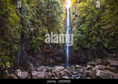 Levada 25 Fontes und Risco Wasserfall in Rabacal, Madeira, Portugal. Stockfoto