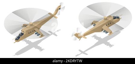 Isometrisches Mil Mi-24 großes Hubschrauber-Kanonenschiff, Angriffshubschrauber und Truppentransport mit geringer Kapazität. Hubschrauber mit Transportmöglichkeiten angreifen Stock Vektor