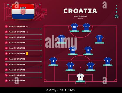 kroatien Line-up World Football 2022 Turnier Finale Bühne Vektor-Illustration. Country-Team Lineup Tabelle und Team-Formation auf Fußballfeld. Fußball Stock Vektor