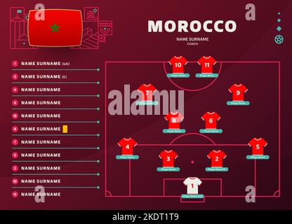 marokko Line-up World Football 2022 Turnier Finale Bühne Vektor-Illustration. Country-Team Lineup Tabelle und Team-Formation auf Fußballfeld. Fußball Stock Vektor