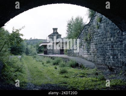 Alton Station, früher Alton Railway Station und Alton Towers Railway Station genannt, in der Gegend von Churnet Valley, in der Nähe von Stoke-on-Trent, Staffordshire. Der Bahnhof und die Linie wurden 1965 geschlossen. Foto von Tony Henshaw Archive Stockfoto