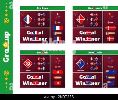 Fußball 2022 Cup Gruppe D frankreich, australien, dänemark, tunesien, Design Media Kit Grafik Kollektion. 2022 Fußballpokal oder Fußballmeisterschaft Design el Stock Vektor