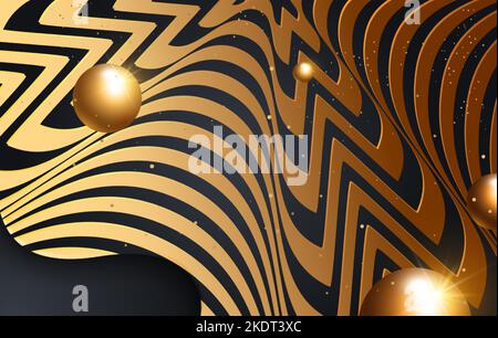 Schwarzer Papierschnitt im Hintergrund. Abstrakte, realistische Papercut-Dekoration mit welligen Kanten und Farbverlauf. Goldene Eier. Vorlage für Hintergrundmodelle zu Weihnachten Stock Vektor