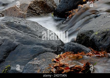 Wasser fließt in Zeitlupe in Stromschnellen über Felsen Stockfoto