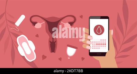 Weibliche Hygieneprodukte Menstruation Handy-App-Kalender Stock Vektor